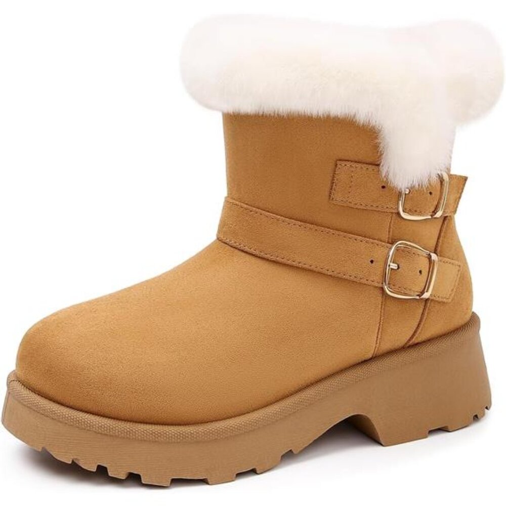 Women’s Furry Snow Boots Anti-Slip Platform Chunky Ankle Booties with Buckle
